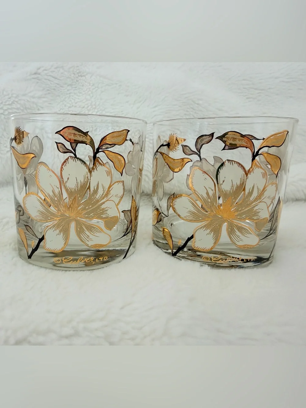 Vintage Culver Ltd Magnolia Gold Flower Lowball Glasses - Set of 2 - Midcentury